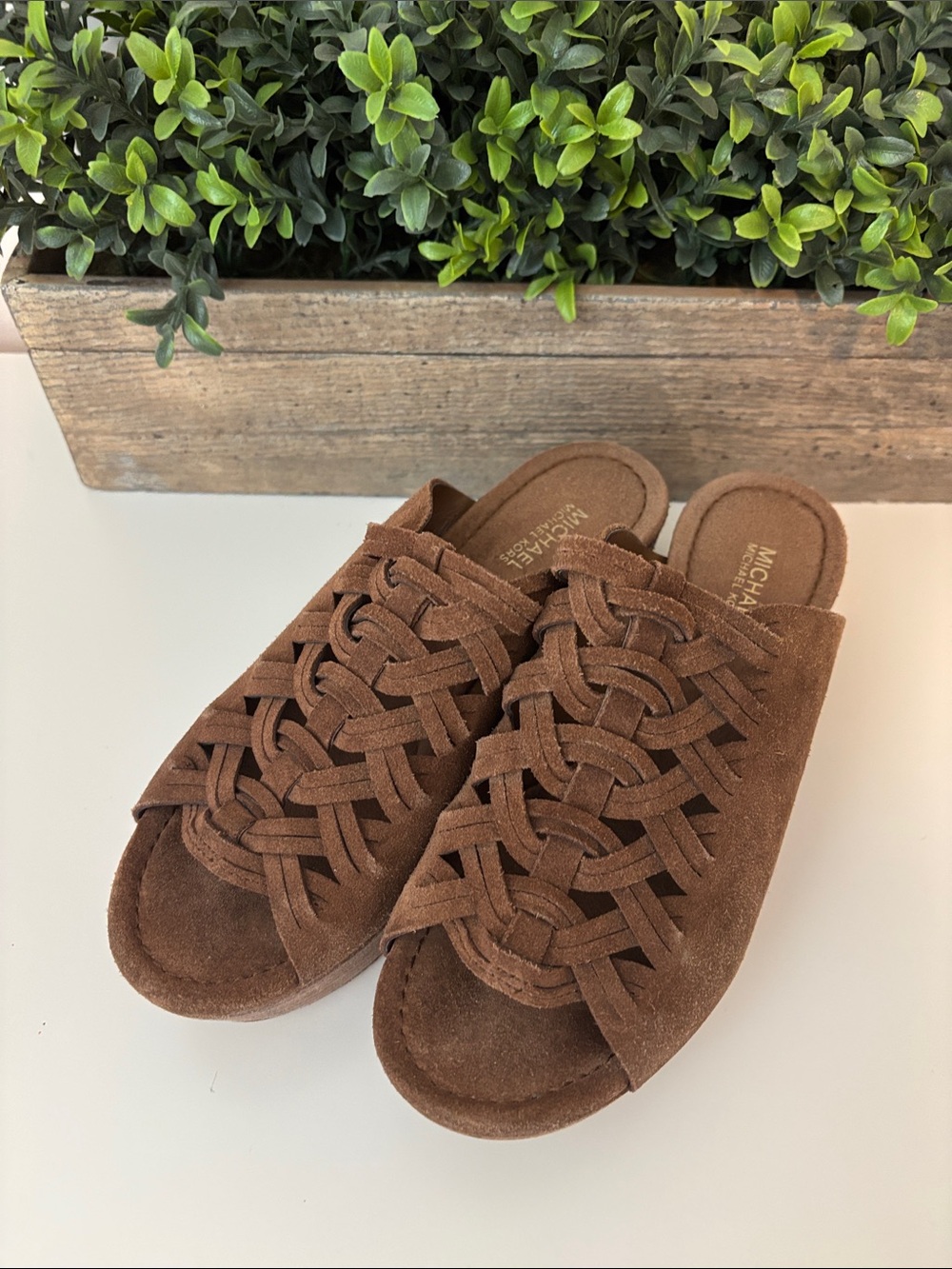 Michael Kors Wesley Brown slide suede platform wedge
